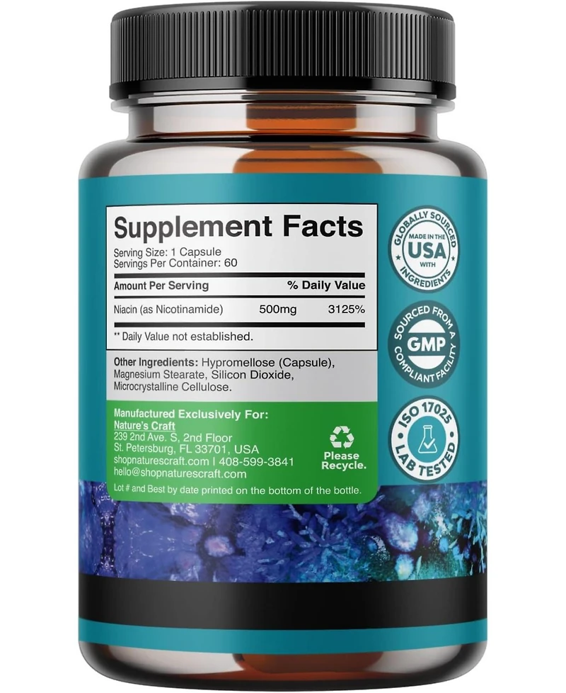 Nature's Craft Vitamin B3 Niacinamide 500mg Capsules, Mitochondrial Energy & Potent Skin Supplement, Flush Free Niacin Supplement, Nature's Craft, 60c