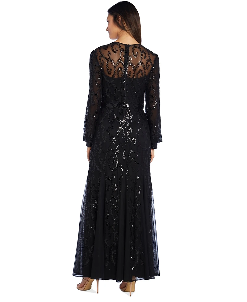 R & M Richards Sequined Blouson-Sleeve Gown