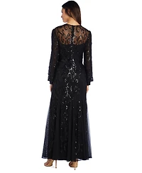R & M Richards Sequined Blouson-Sleeve Gown