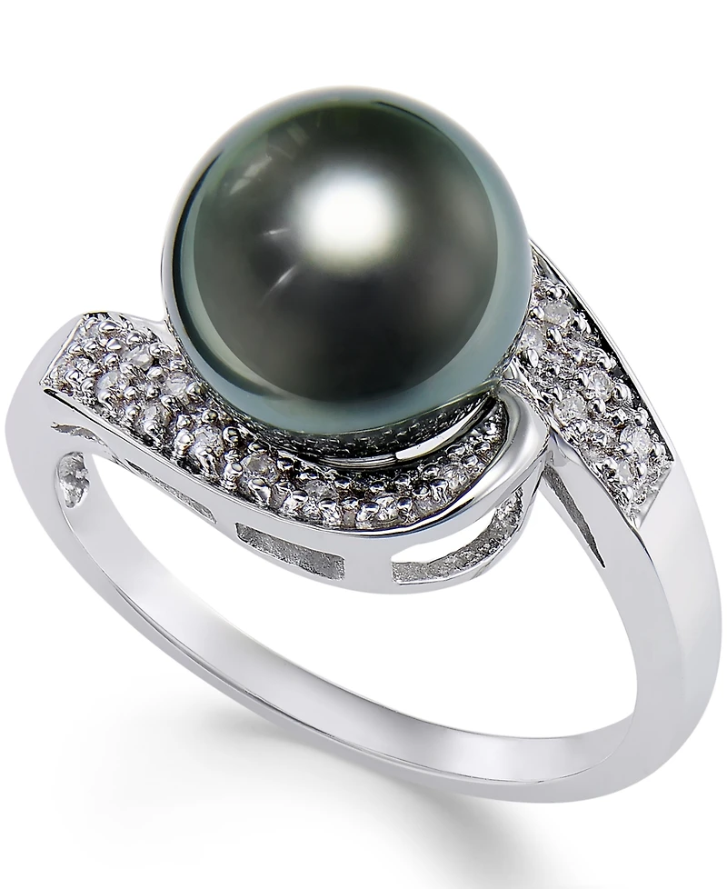 Cultured Tahitian Black Pearl (9mm) and Diamond (1/10ct. t.w.) Swirl Ring in 14k White Gold