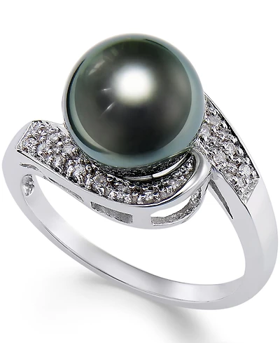 Cultured Tahitian Black Pearl (9mm) and Diamond (1/10ct. t.w.) Swirl Ring in 14k White Gold