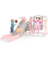Gouun 4-in-1 Kids Slide and Swing Set with Basketball Hoop