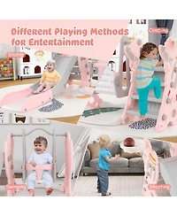 Gouun 4-in-1 Kids Slide and Swing Set with Basketball Hoop