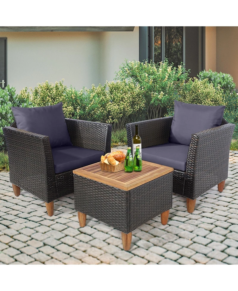 Gouun 3 Pieces Outdoor Patio Wicker Furniture Set with Cushions and Acacia Wood Table