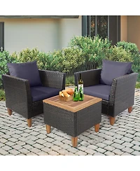 Gouun 3 Pieces Outdoor Patio Wicker Furniture Set with Cushions and Acacia Wood Table