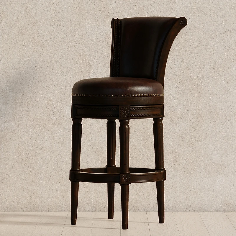 Maven Lane Pullman Wooden Swivel Stool, Dark Walnut w/ Leather, Set of 4