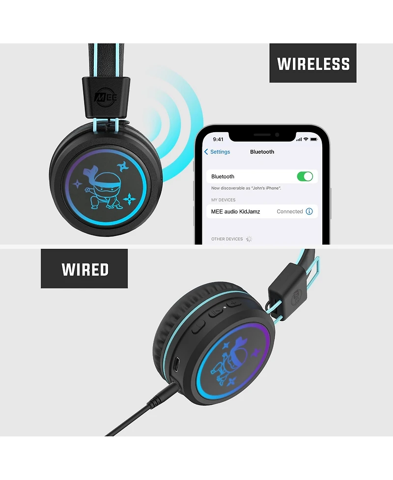 Mee audio KidJamz KJ55BT Safe Listening Bluetooth Wireless Headphones for Kids w/ Led Lights