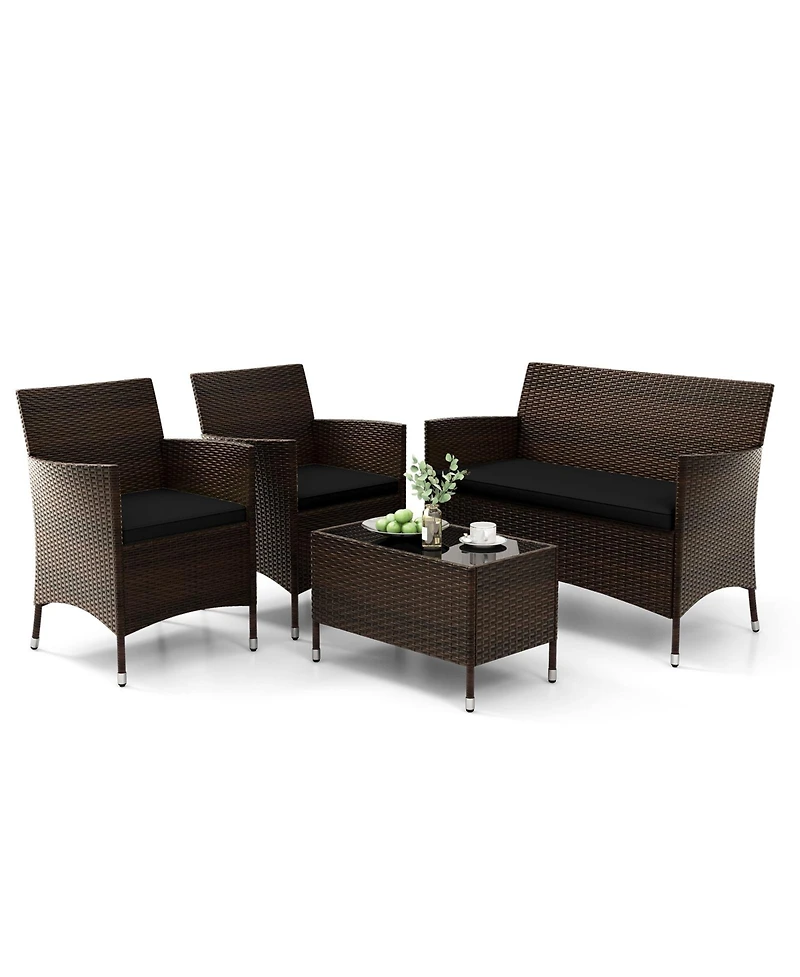 Gouun 4 Pieces Rattan Sofa Set with Glass Table and Comfortable Wicker for Outdoor Patio