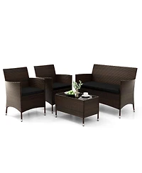 Gouun 4 Pieces Rattan Sofa Set with Glass Table and Comfortable Wicker for Outdoor Patio