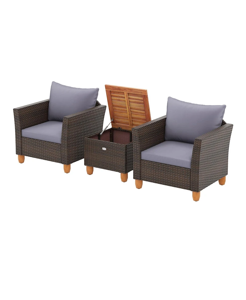 Gouun 3-Piece Patio Rattan Furniture Set with Acacia Wood Table
