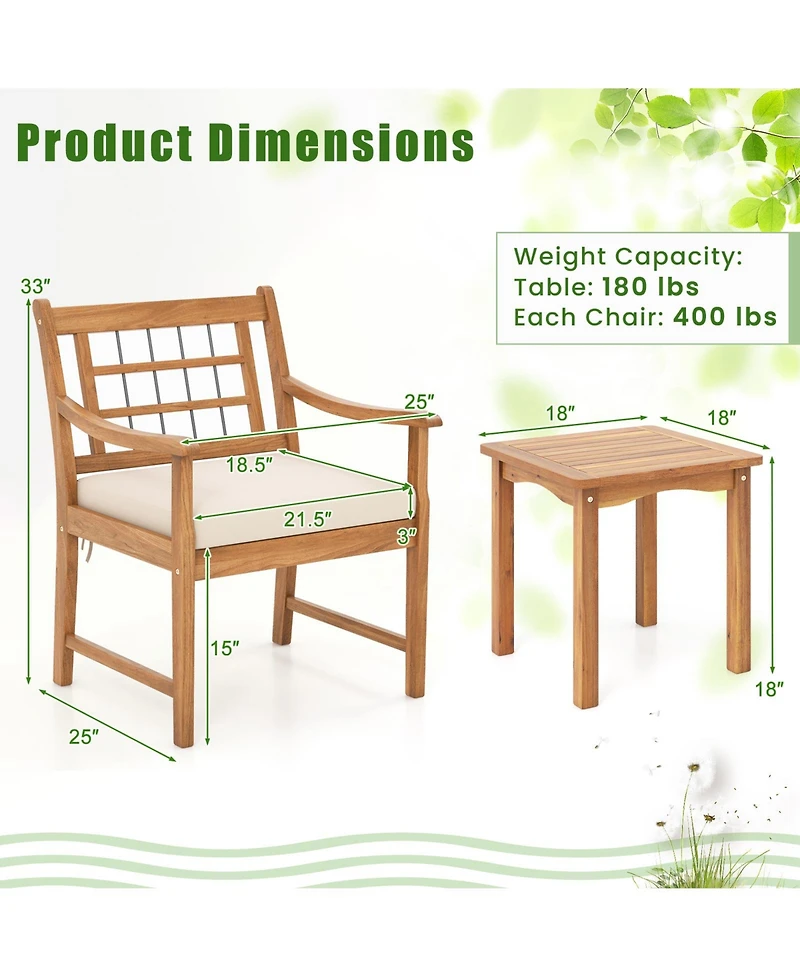 Gouun 3 Piece Wood Patio Furniture Set with Seat Cushions and Acacia Wood Frame