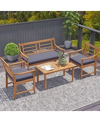 4 Piece Wood Patio Furniture with Armchairs Loveseat and Table