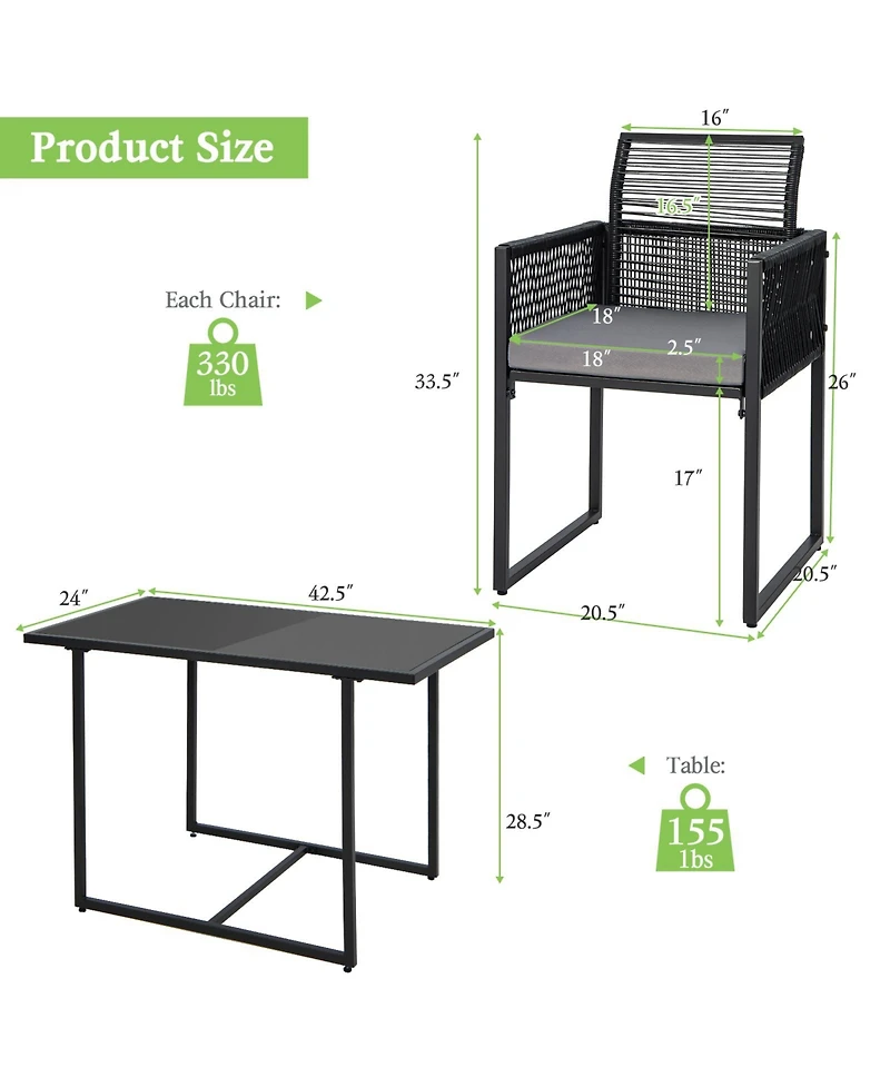 3 Pieces Outdoor Dining Set with Folding Backrest and Seat Cushions