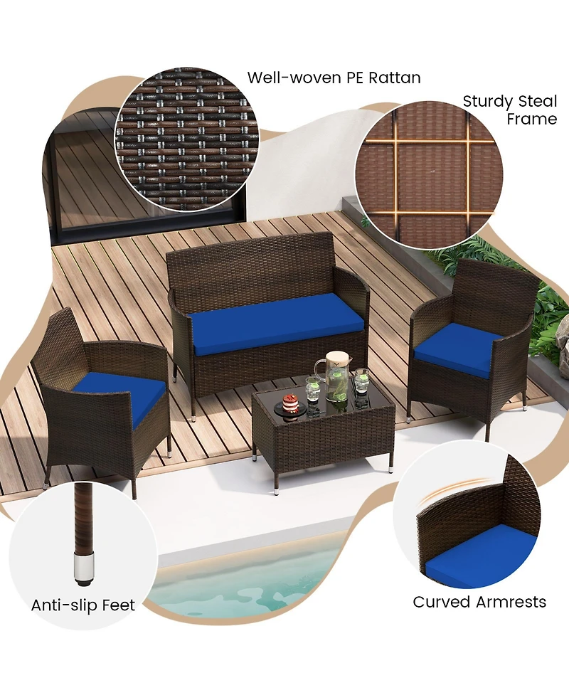 Gouun 4 Pieces Rattan Sofa Set with Glass Table and Comfortable Wicker for Outdoor Patio
