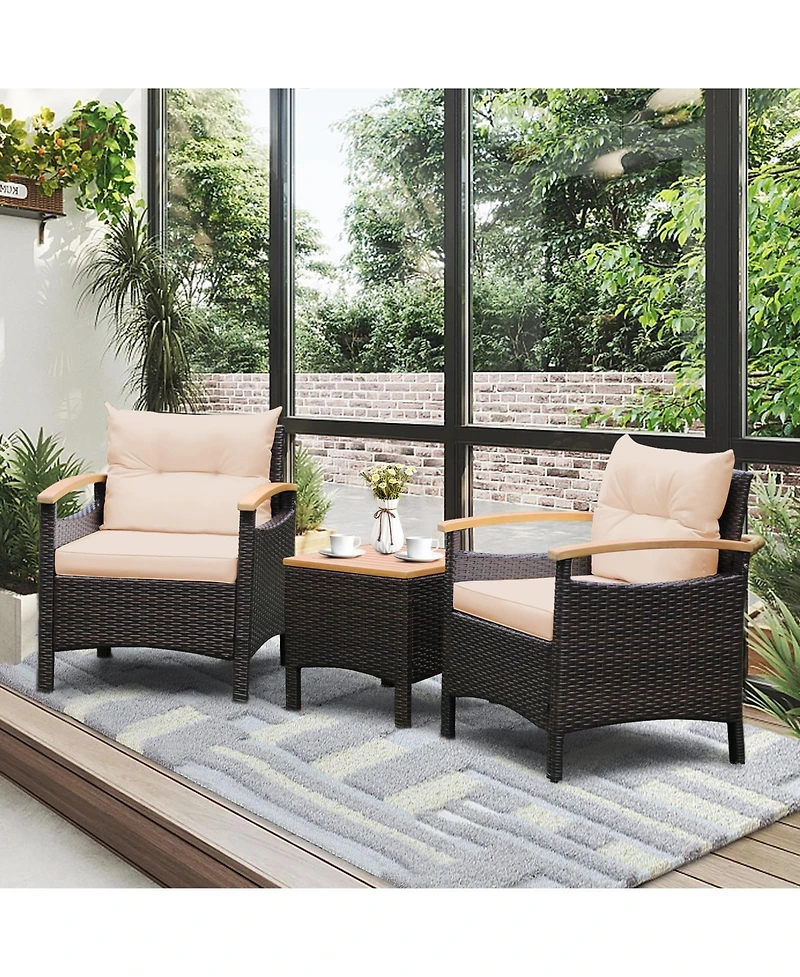 Patio Wicker Loveseat Sofa with Multipurpose Ottoman and Retractable Side Tray