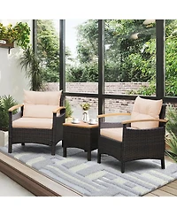 Patio Wicker Loveseat Sofa with Multipurpose Ottoman and Retractable Side Tray