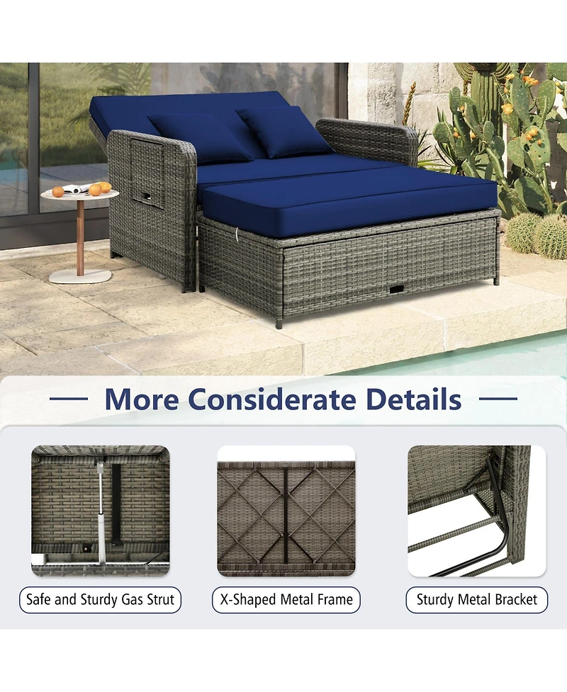 Patio Wicker Loveseat Sofa with Multipurpose Ottoman and Retractable Side Tray