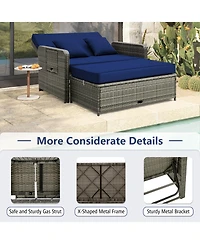 Patio Wicker Loveseat Sofa with Multipurpose Ottoman and Retractable Side Tray