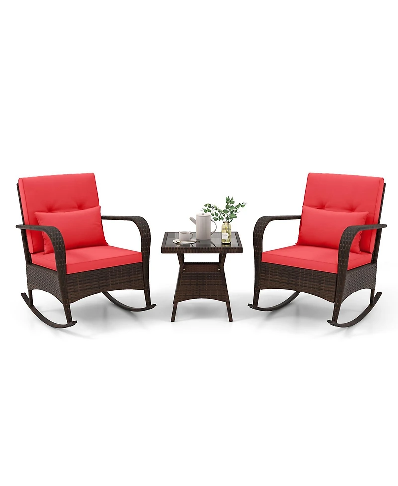 Gouun 3 Pieces Outdoor Rocking Set with Tempered Glass Table for Backyard Poolside