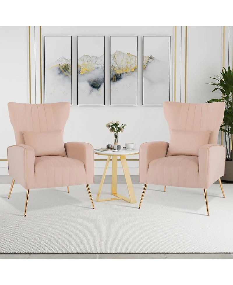 Gouun Velvet Upholstered Wingback Chair with Lumbar Pillow and Metal Legs