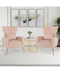 Gouun Velvet Upholstered Wingback Chair with Lumbar Pillow and Metal Legs