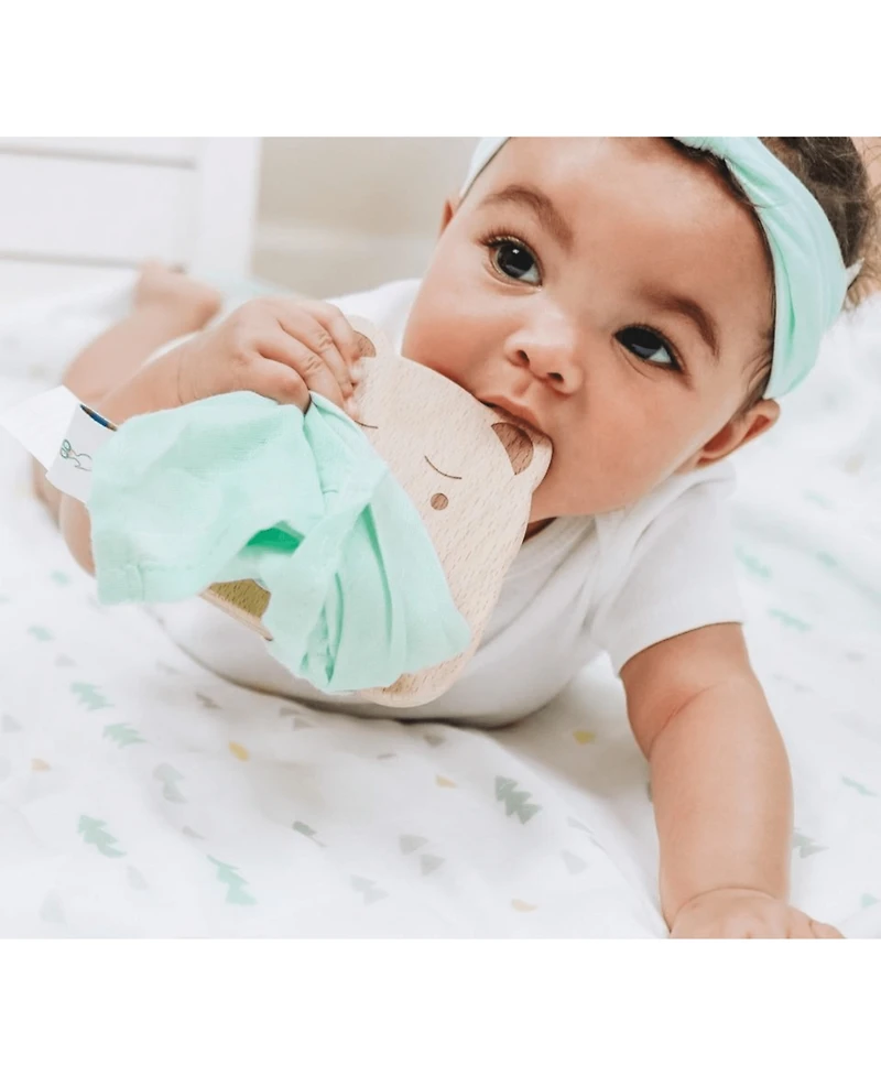 GooseWaddle Wooden Bunny Teether With Gray Blankie