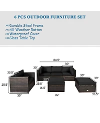 6 Pieces Patio Rattan Furniture Set with Sectional Cushion