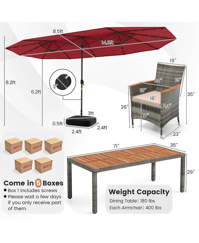 11 Pieces Patio Dining Set with 15 Feet Double-Sided Patio Umbrella Base Included-Wine