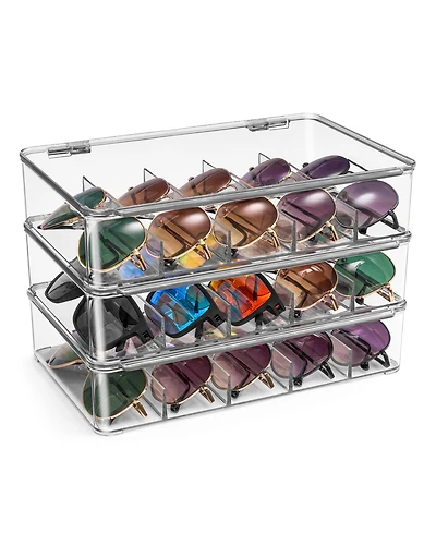 Sorbus 3 Pack Clear Stackable Plastic Sunglass Holder with Hinged Lid for Eyewear Display Includes 5 Sections