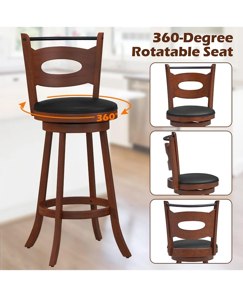 Gymax 4PCS 360°; Swivel Bar Stools Dining Chairs Solid Rubber Wood Leather Padded Brown & Black