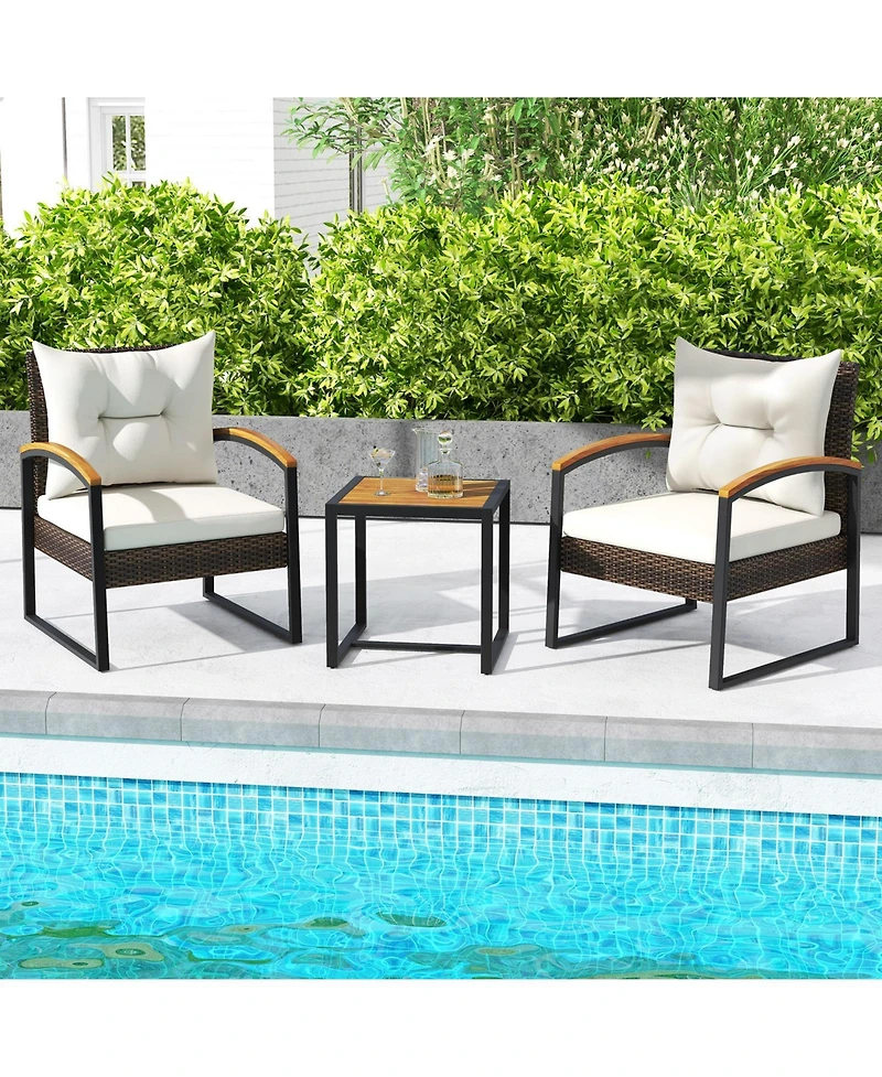 Gouun 3 Piece Patio Conversation Set with Solid Acacia Wood Armrests and Tabletop