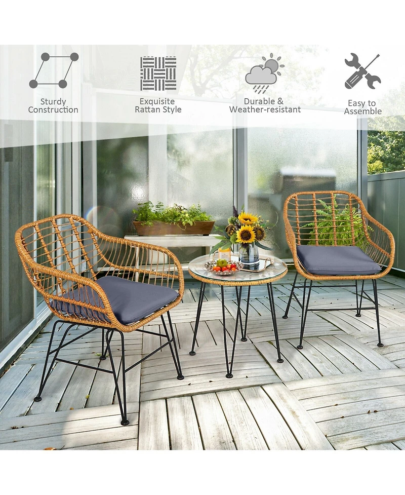 Gouun 3 Pieces Rattan Furniture Set with Cushioned Chair Table