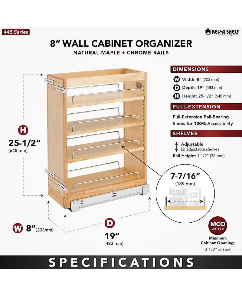 Rev-a-Shelf 8" Pullout Vanity Storage Organizer for Base Cabinets, 448-BC19-8C