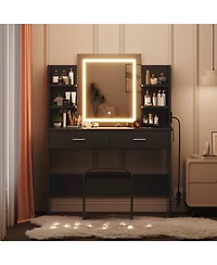 gaomon Vanity Desk with Mirror and Lights, Makeup Vanity Set w/Desk and Stool