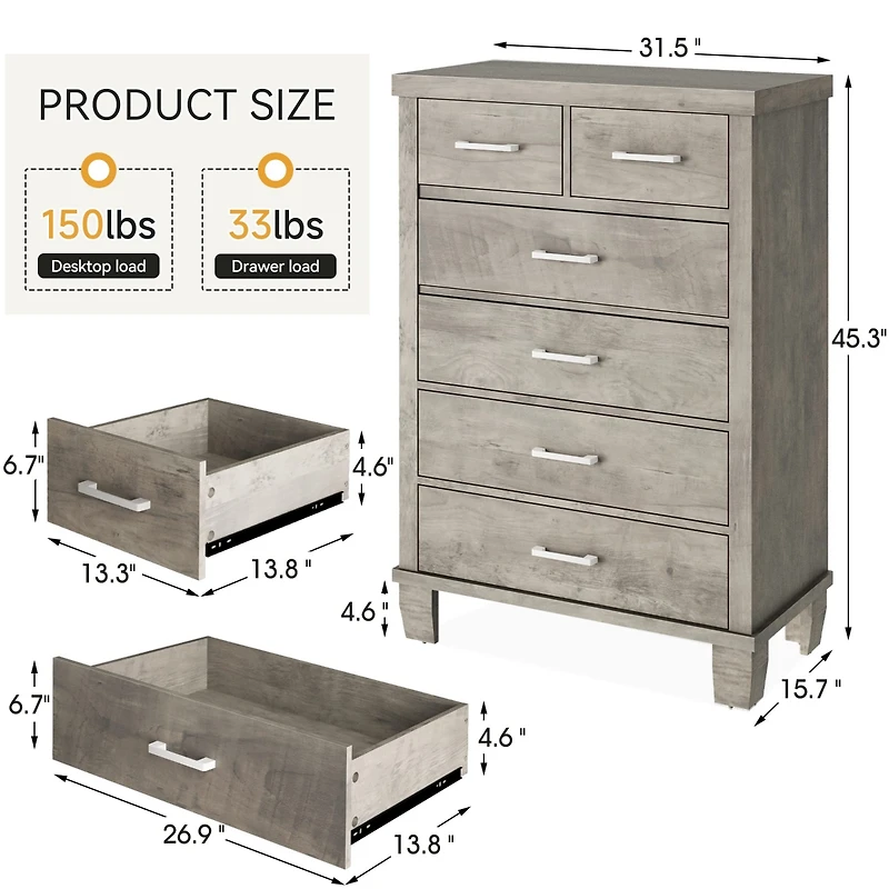 gaomon 6 Drawer Dresser for Bedroom, Modern Chest of Drawers, 31.5 Inch Wide Storage Cabinet with Sturdy Legs, Tall Dresser Storage Tower for Closet B