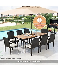 9-Piece Patio Dining Set with Umbrella Hole and 8 Rattan-woven Dining Chairs with Seat Cushions