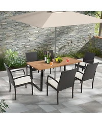 7 Pieces Patio Rattan Dining Set with Umbrella Hole-l-shaped Handrail