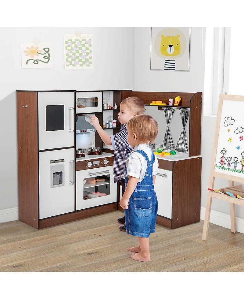 Gymax Wooden Corner Play Kitchen w/ Lights & Sounds Water Circulation System for Kids