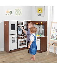 Gymax Wooden Corner Play Kitchen w/ Lights & Sounds Water Circulation System for Kids
