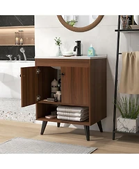 Gymax 25 Inch Wooden Bathroom Vanity Sink Combo with Open Shelf & Sink & Pop Up Drain