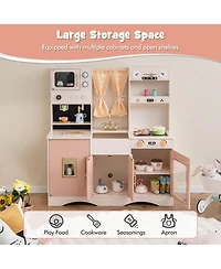 Gymax Kids Play Kitchen Pretend Playset w/ 2 Curtains & 16 Pcs Play Accessories Pink