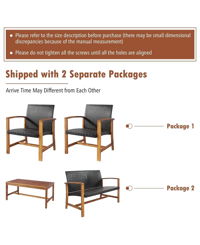 4 Pieces Pe Rattan Patio Furniture Set with Solid Acacia Wood