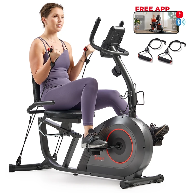 Sunny Health & Fitness Smart Corezy Recumbent Bike + Resistance Bands, 300LB with Free SunnyFit App Via Bluetooth