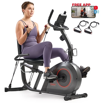 Sunny Health & Fitness Smart Corezy Recumbent Bike + Resistance Bands, 300LB with Free SunnyFit App Via Bluetooth