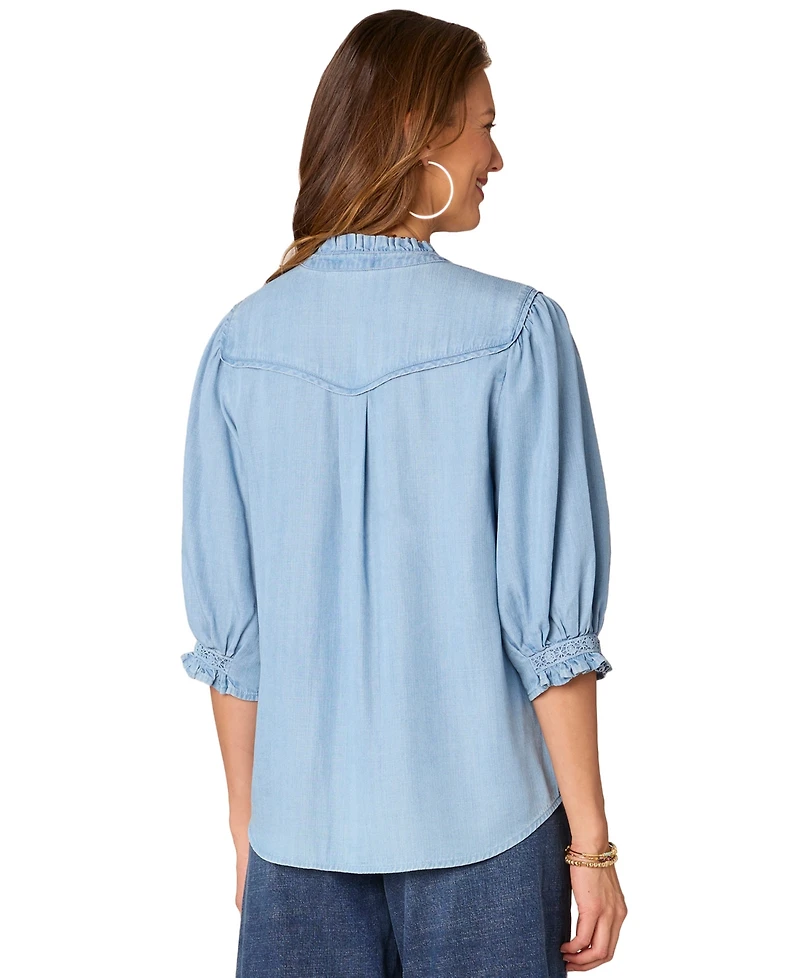 Democracy Petite Crochet-Trim Chambray Button-Front Shirt