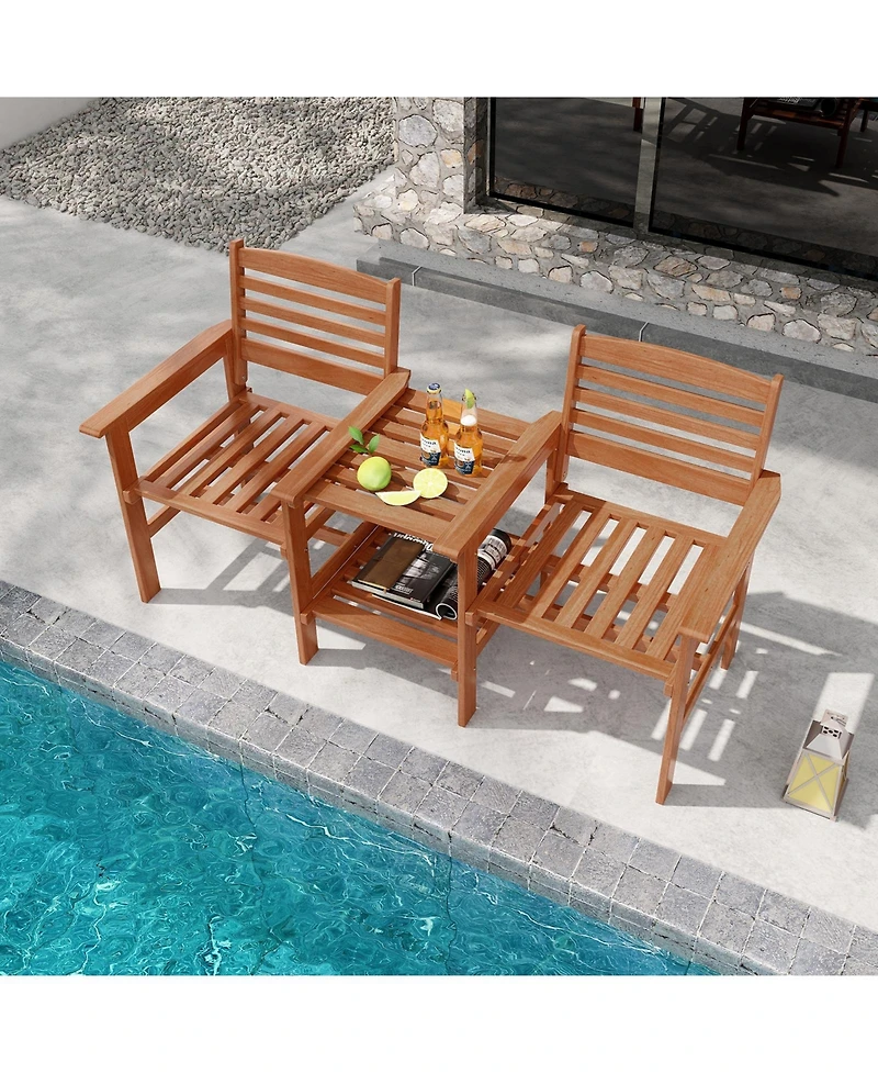Gouun Outdoor Patio Wood 2-Seat Conversation Set with Table and Umbrella Hole