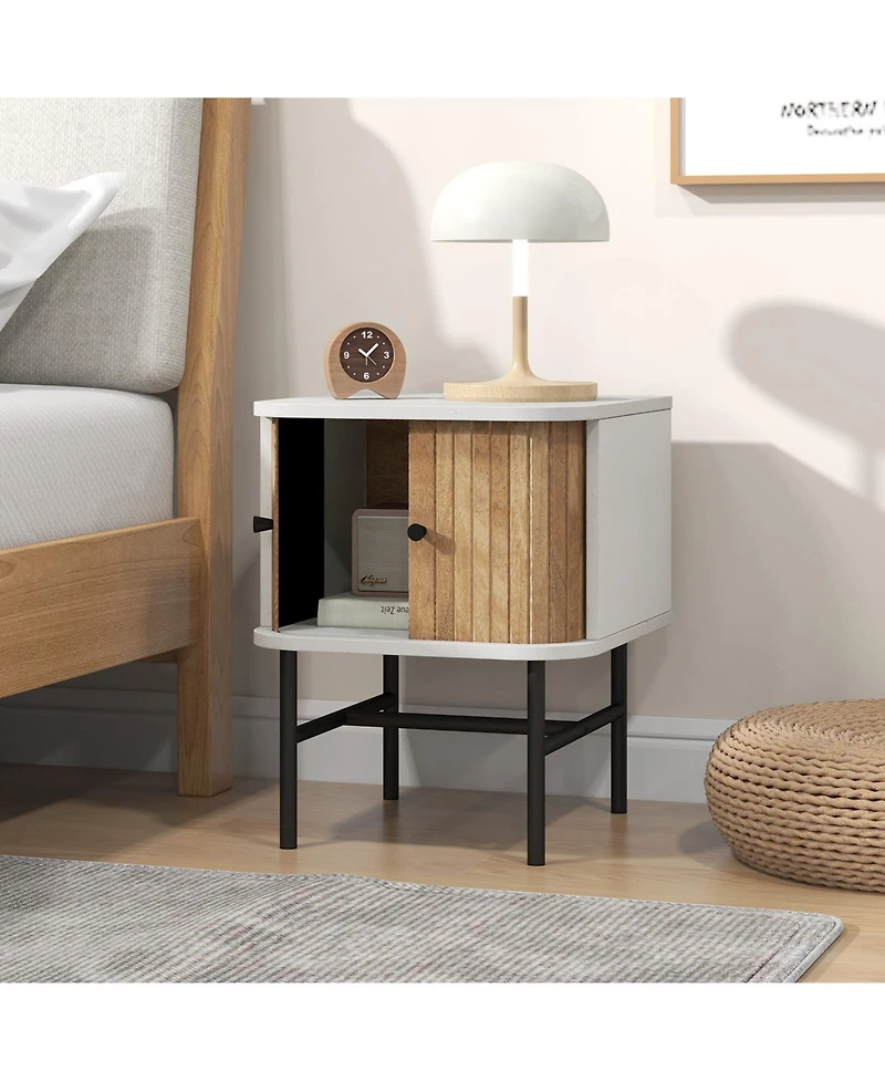 Mid-century Modern Nightstand with Sliding Doors and Storage Cabinet