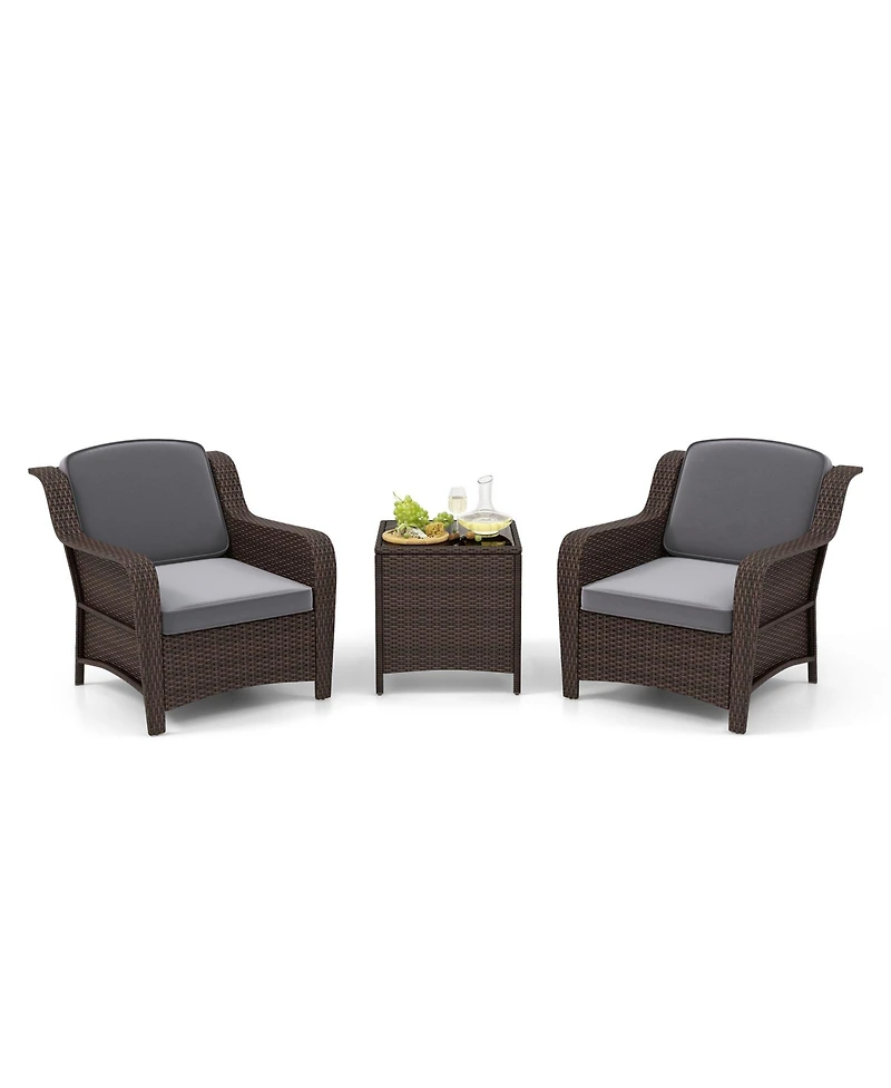 3 Pieces Outdoor Rattan Furniture Set with Cushions and Tempered Glass Table