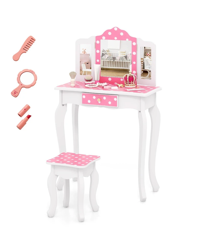 Gouun Princess Pretend Play Makeup Dressing Table with Cute Polka Dot Print