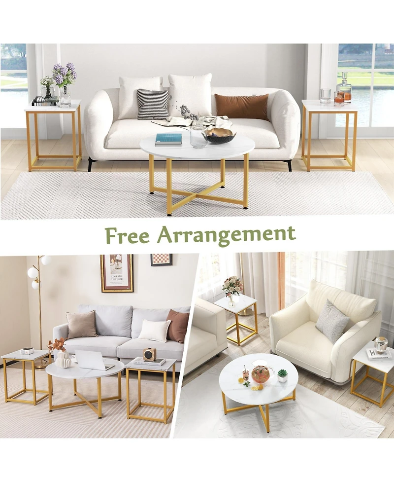 Gouun 3-Piece Table Set Round Table and 2PCS Square End Tables